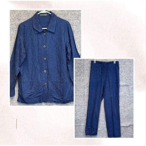 COCONUT BAY 2 Piece Outfit Set Women's Medium Blue Linen Blend Shirt and Pants - Picture 2 of 16